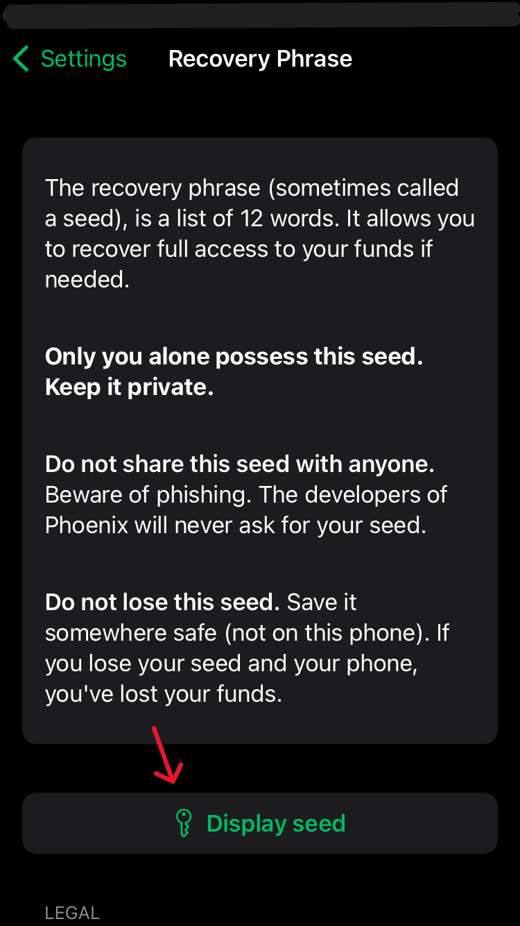 image of phoenix wallet seedphrase screen