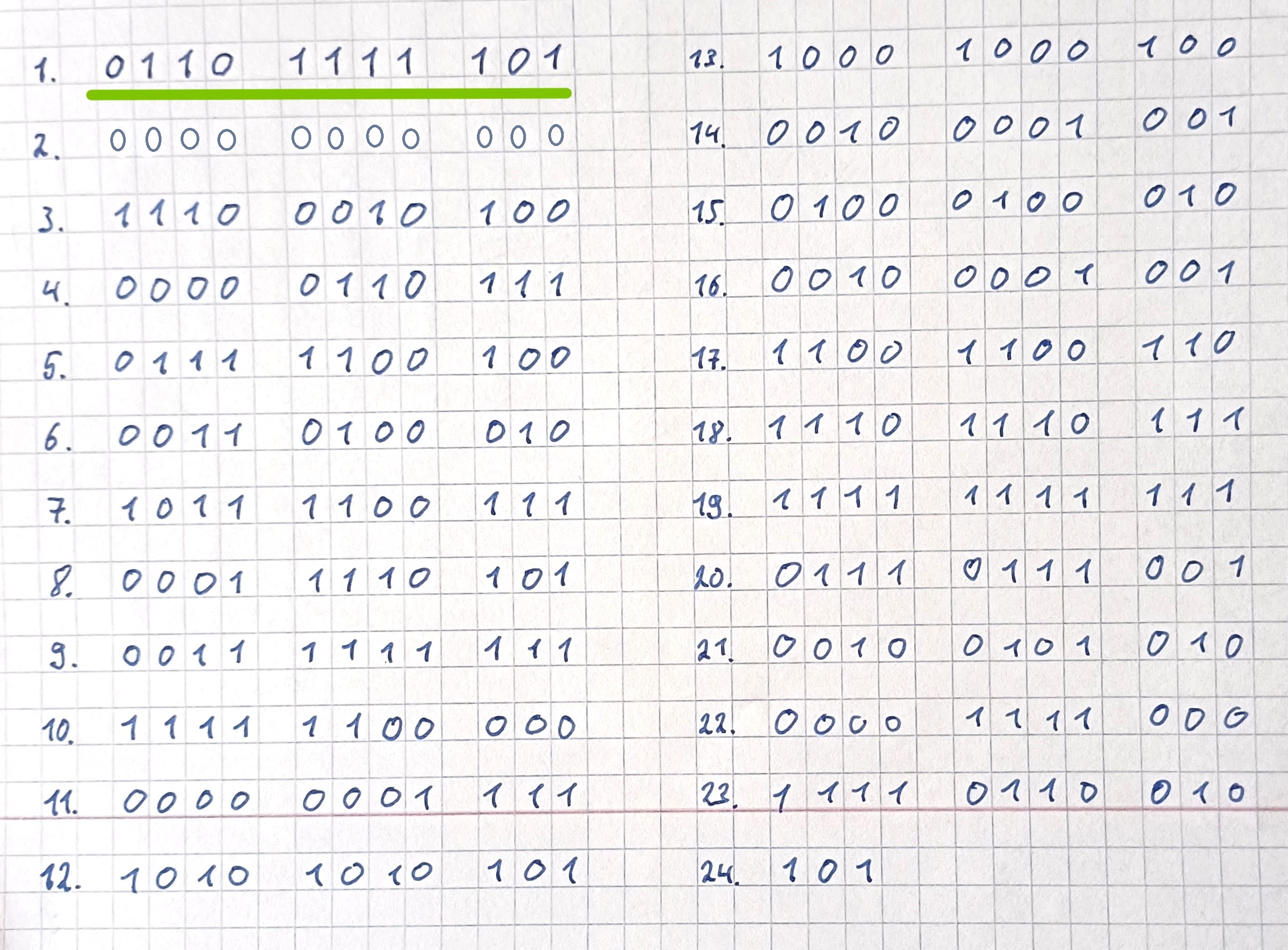 23 rows of 11 numbers in groups of 4, 4 and 3