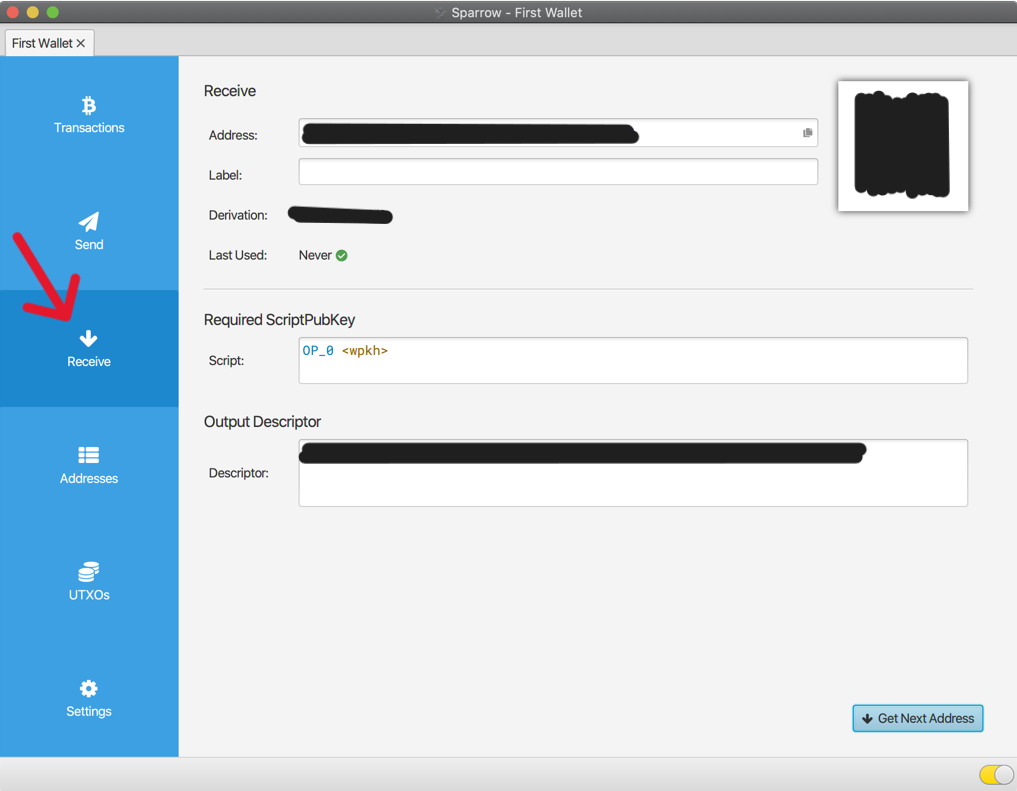 image of sparrow wallet receive window