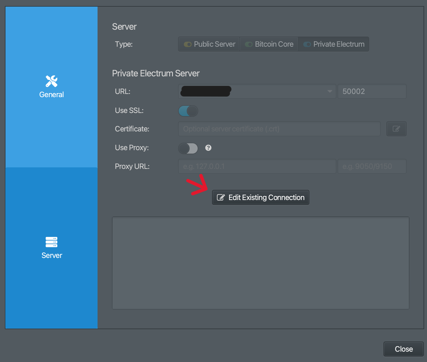 image of sparrow wallet server screen